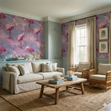 Rose Mirage Wallpaper featuring flamingo illustration, from York Wallcoverings, covering a living room wall.