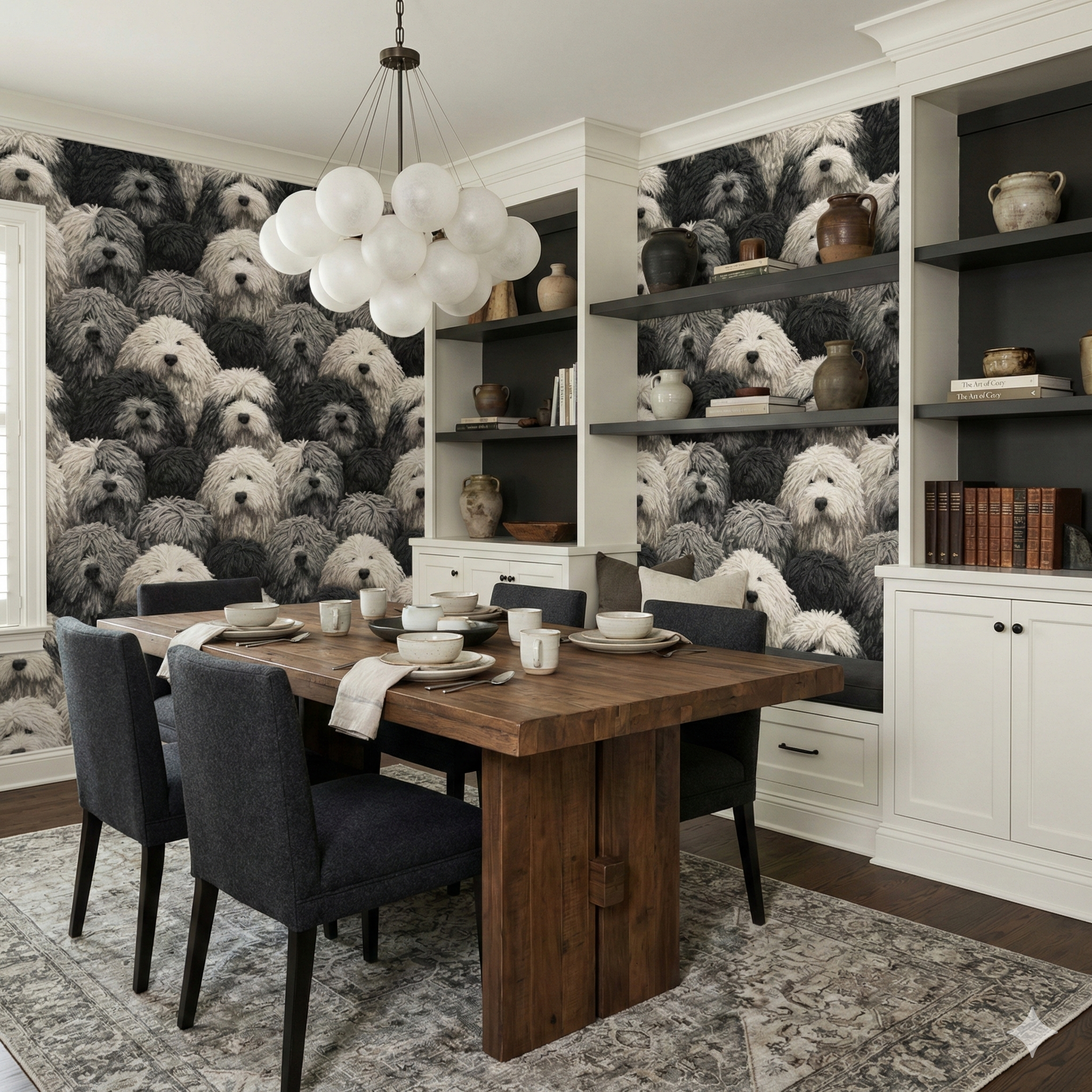 Cumulus Companion Wallpaper with a black and white dog pattern, covering the walls of a dining room setting.
