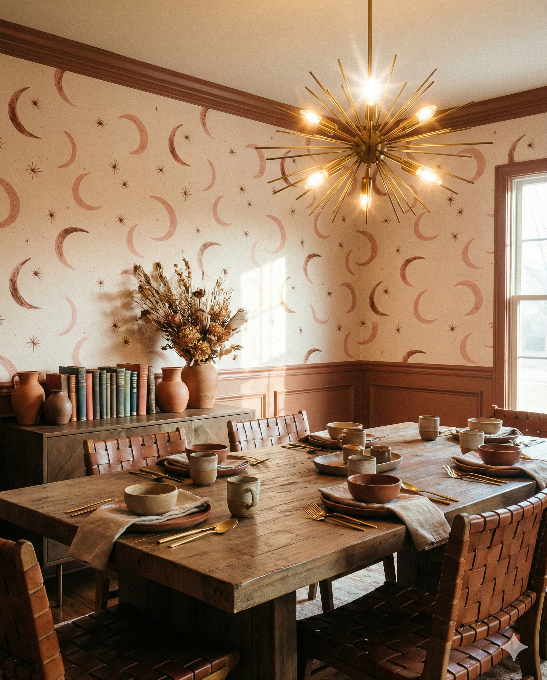Astral Mesa Wallpaper with moon and stars pattern, covering a dining room wall.