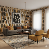 Gathering Place Wallpaper with a vertical pattern of people by VMD Studios, shown on the walls in a living room.