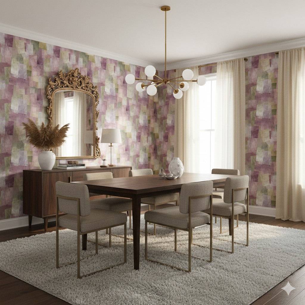 Amethyst Quarry Wallpaper featuring a purple and green abstract square pattern.