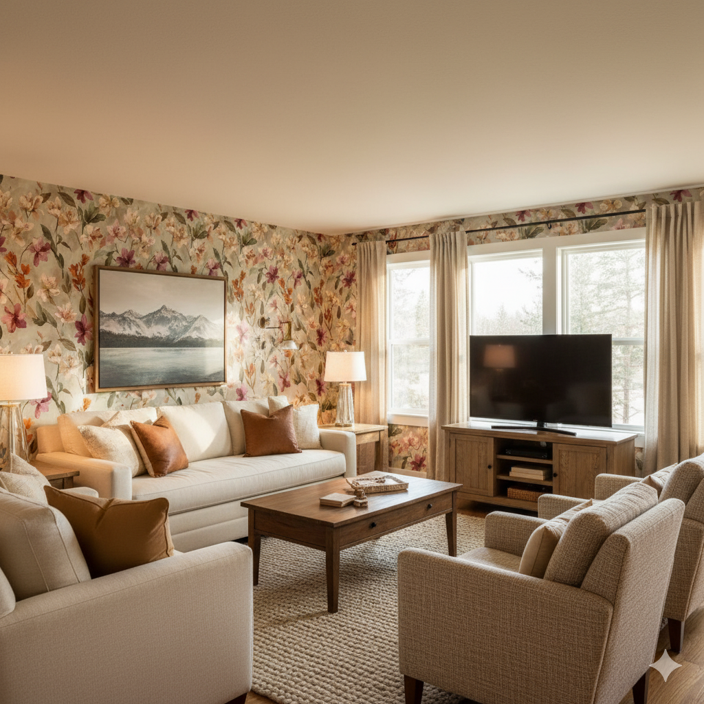 Floral pattern Sonora Bloom Wallpaper with a colorful botanical design, on the walls of a living room.
