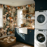 Golden Atelier wallpaper with dog and floral pattern, covering a laundry room wall.