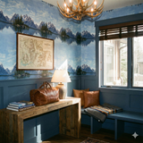 Scenic landscape wallpaper featuring mountain range and lake reflection, decorating a cozy blue room.
