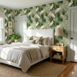 Egret Bloom wallpaper with heron pattern, grassy details, and floral accents.