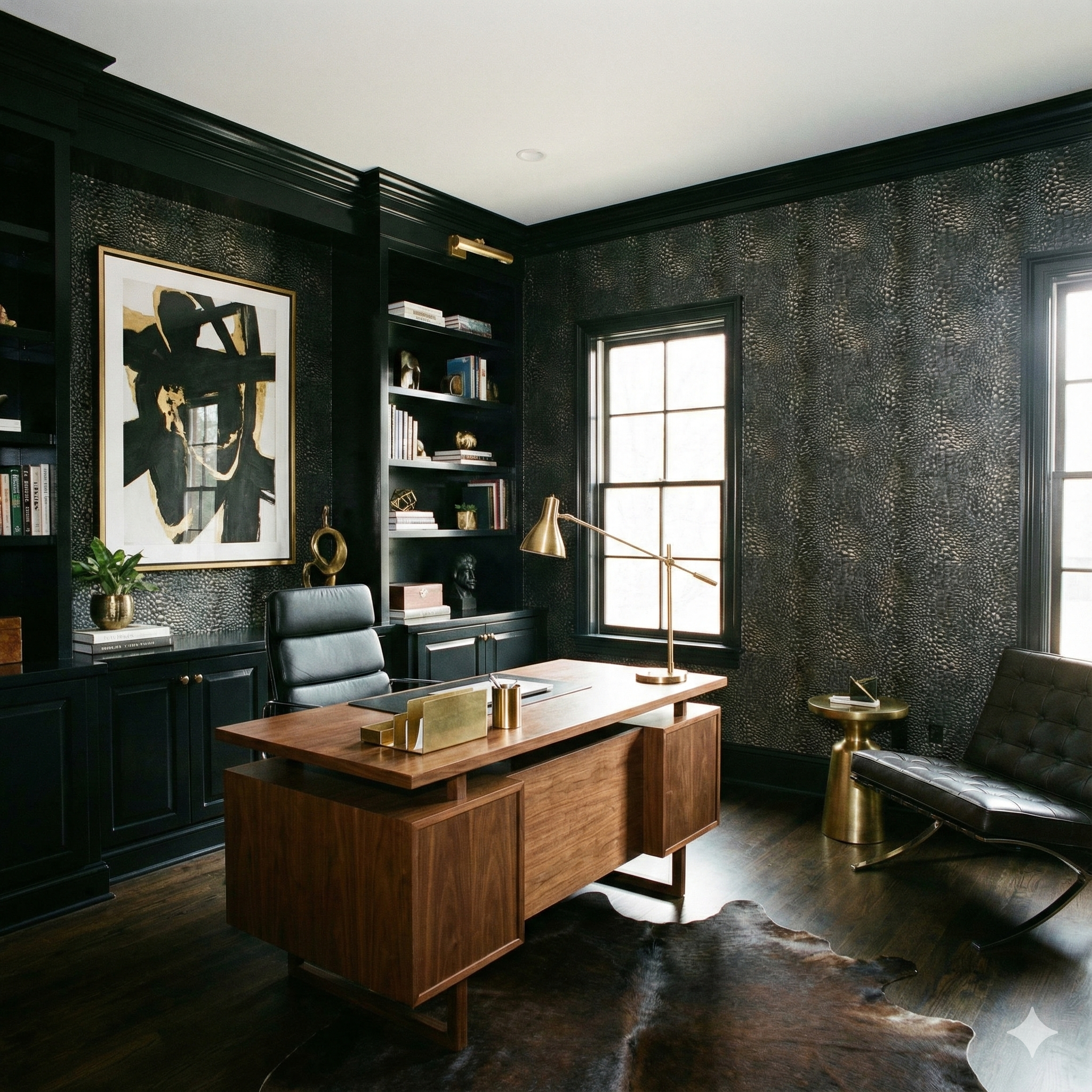 Textured gunmetal hide wallpaper with a reptilian pattern, visible in a styled office.