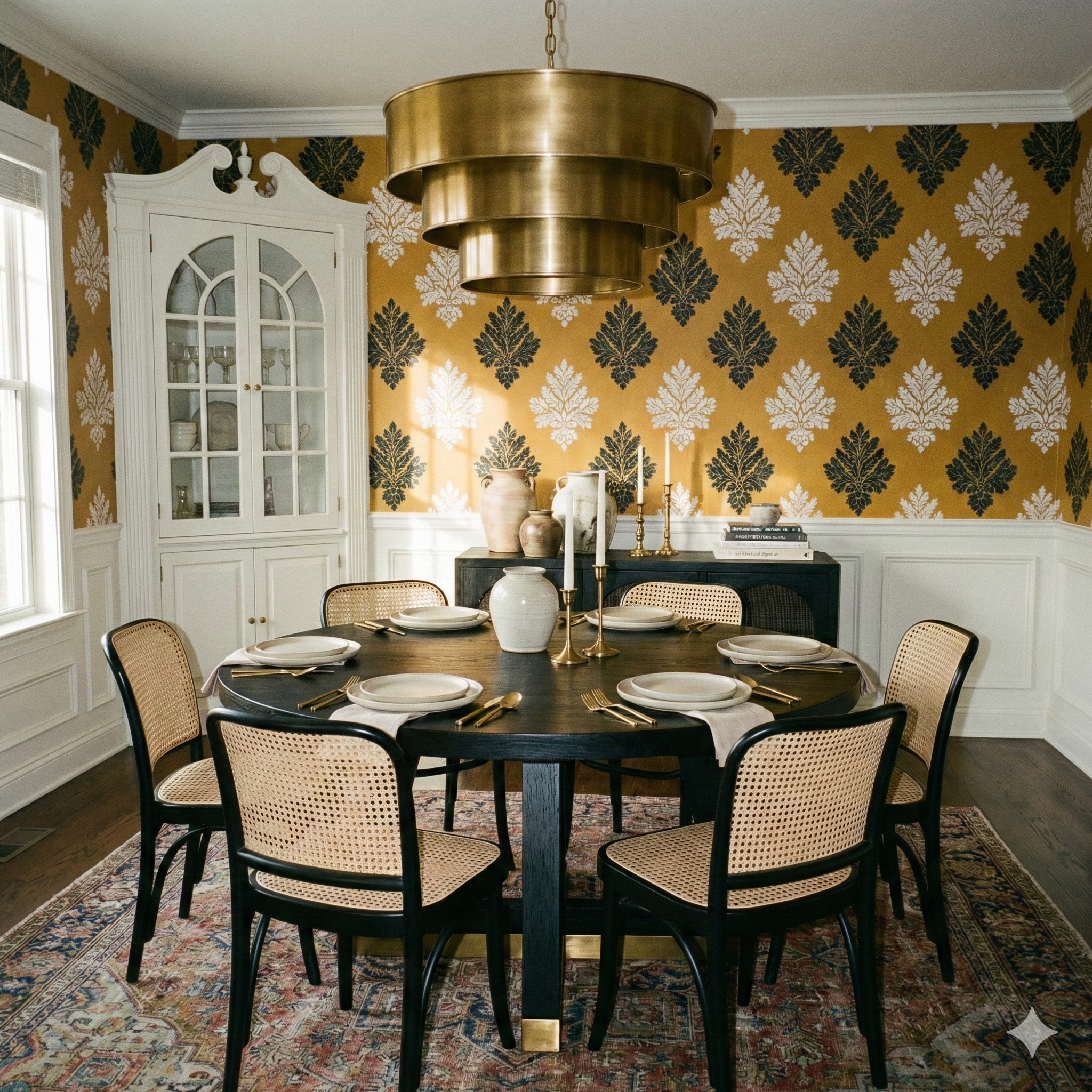 Patterned Guildhall Linen wallpaper with dark green and white floral damask designs, styled in a dining room.

