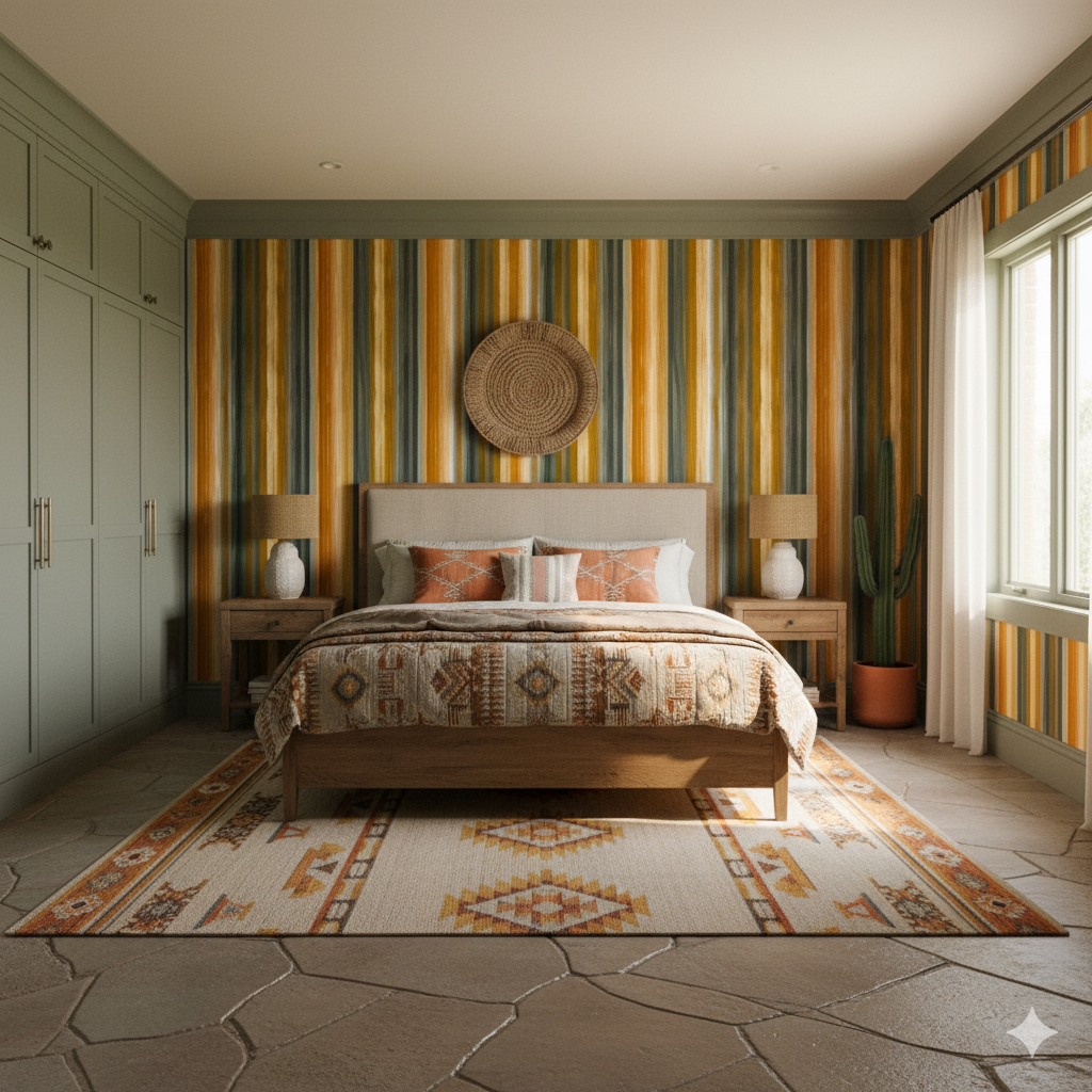 Mesa Strata wallpaper with vertical striped pattern on the wall, shown in an interior bedroom setting.