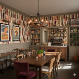 Cellar Reverie Wallpaper with bottle-shaped pattern and warm color tones, decorating a dining room with wooden furniture and muted lighting.
