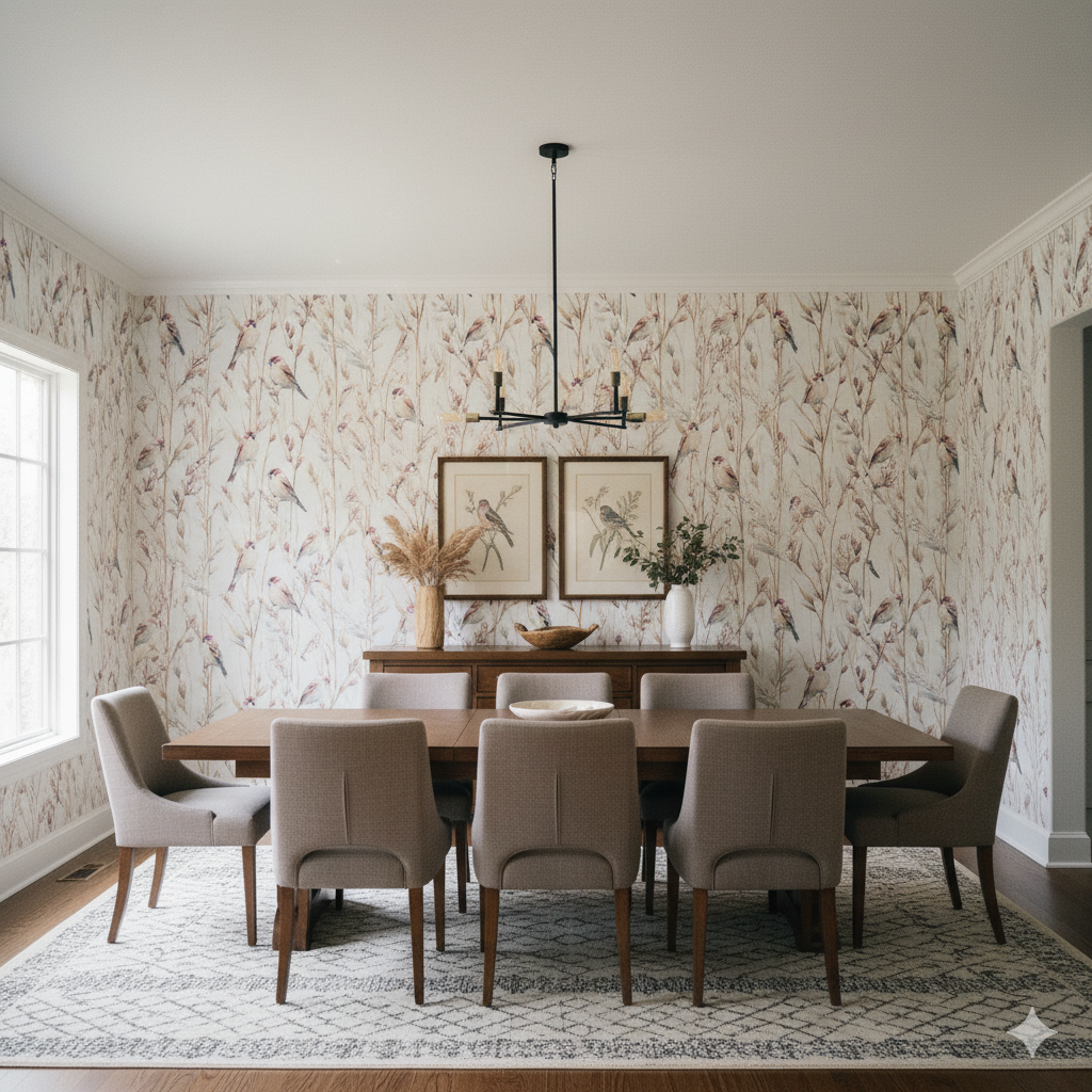Finchmoor Wallpaper with a bird and branch pattern on a white background.
