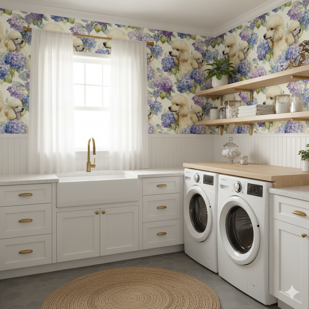 Patterned Versailles Hydrangea Wallpaper with poodles and colorful floral design.