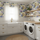 Patterned Versailles Hydrangea Wallpaper with poodles and colorful floral design.