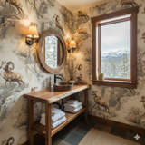 Ram's Ascent wallpaper with a mountain landscape and bighorn sheep, covering a bathroom wall with a wooden framed mirror.
