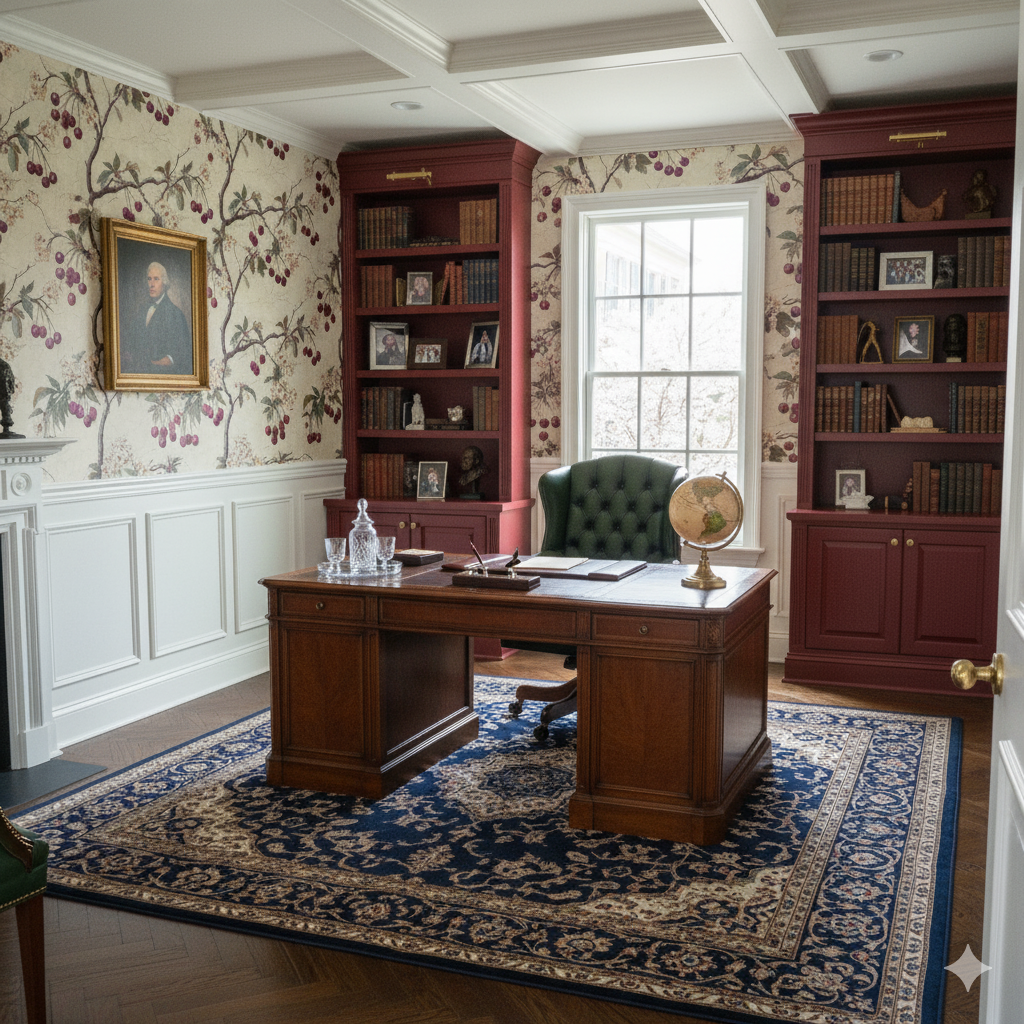 Montmorency Bloom Wallpaper with a cherry blossom tree pattern and light purple background.
