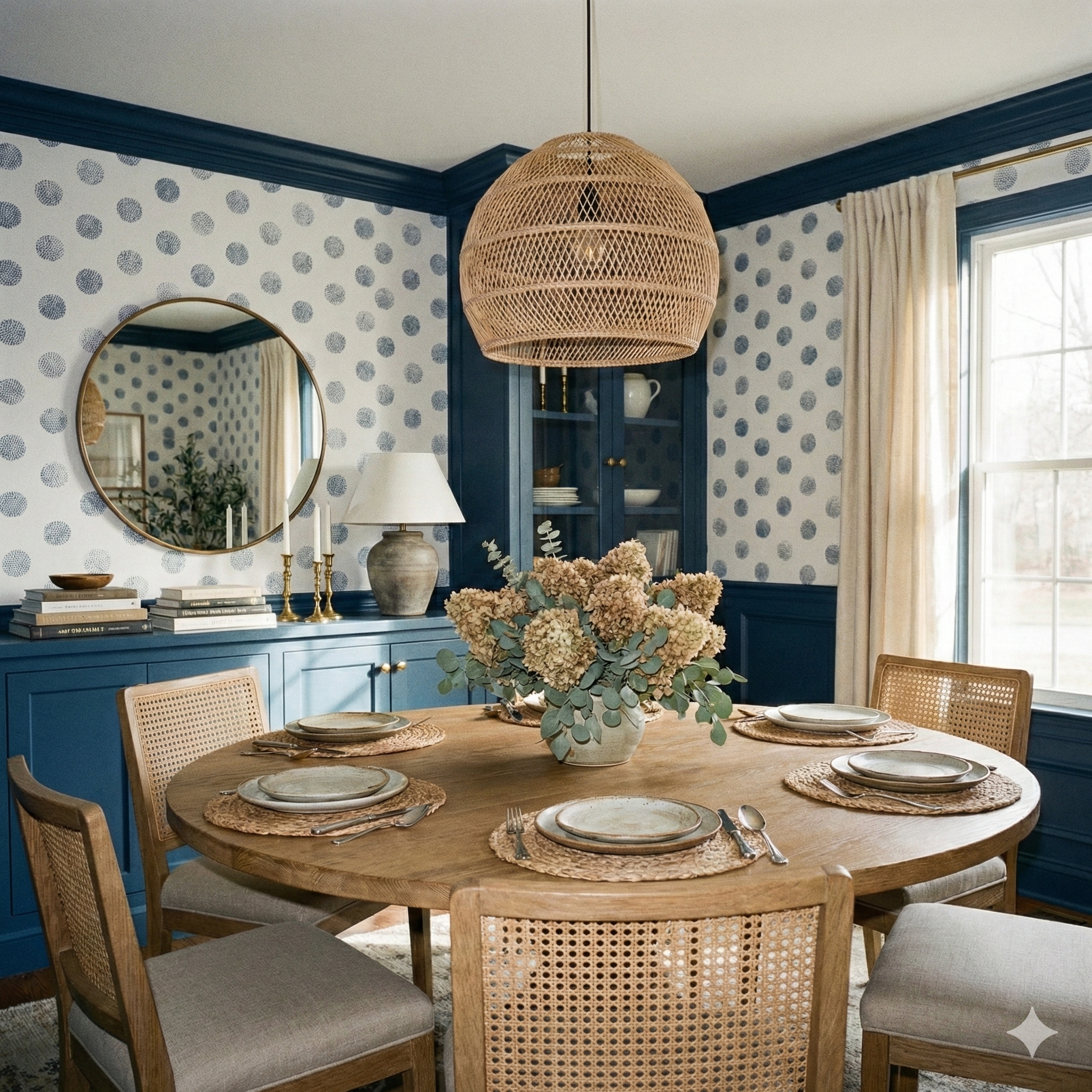 Fairway Index Wallpaper with a dot pattern on the wall, complemented by a mirror, lighting, and furniture.