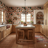 Sonora Clay wallpaper with a terrazzo-like pattern, featuring pink, green, and cream shapes.