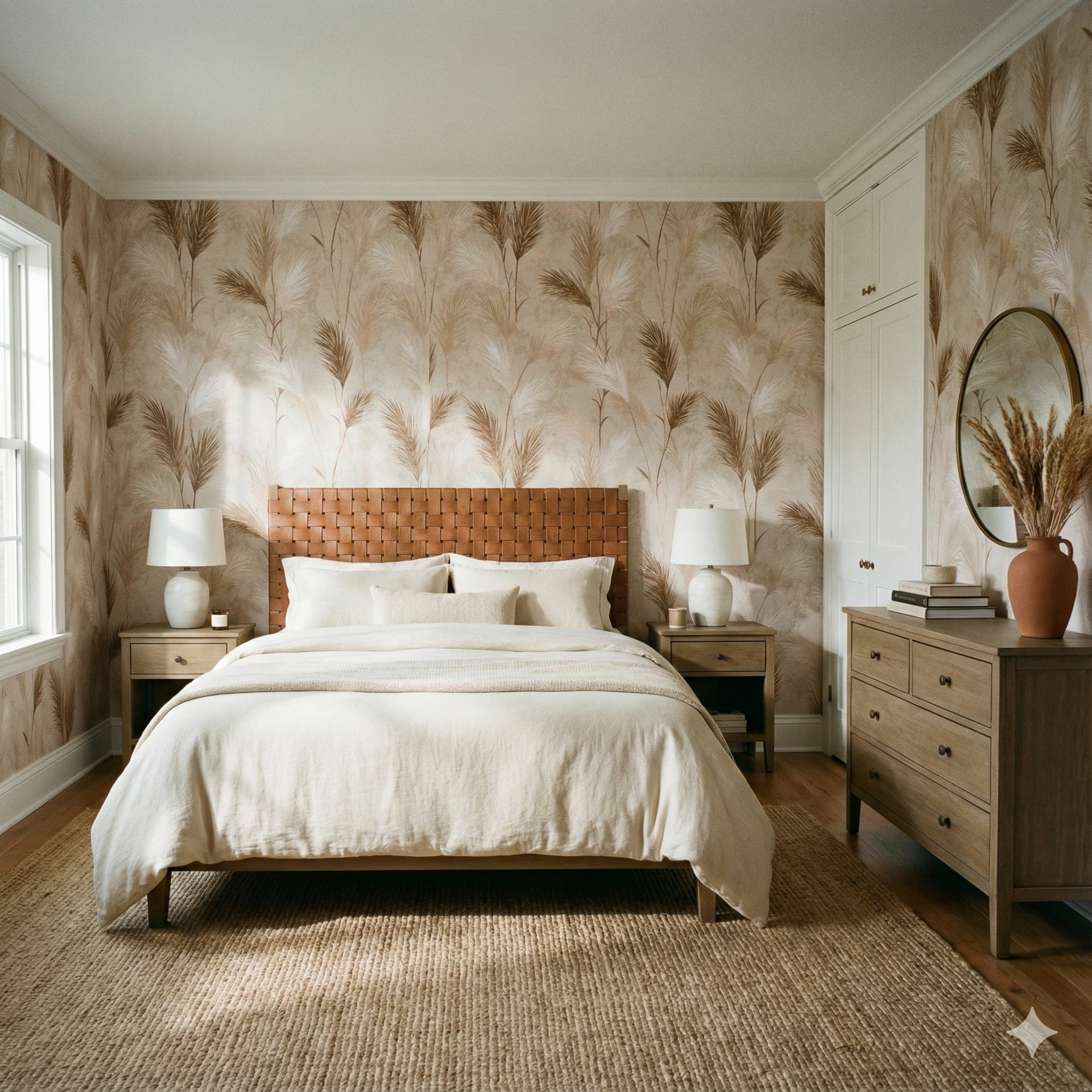Sundrift Pampas Wallpaper with neutral brown and beige shades, featuring a feather motif, and applied to a bedroom wall.