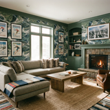 Mountain-inspired Snowmass Atlas Wallpaper with tree line patterns, scenic view, and green undertones.