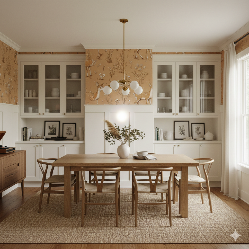 Fawnwood Sketch Wallpaper with botanical and deer pattern, covering the dining room walls.