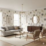Linework Matrix Wallpaper in a patterned print against squares and lines on an interior wall.
