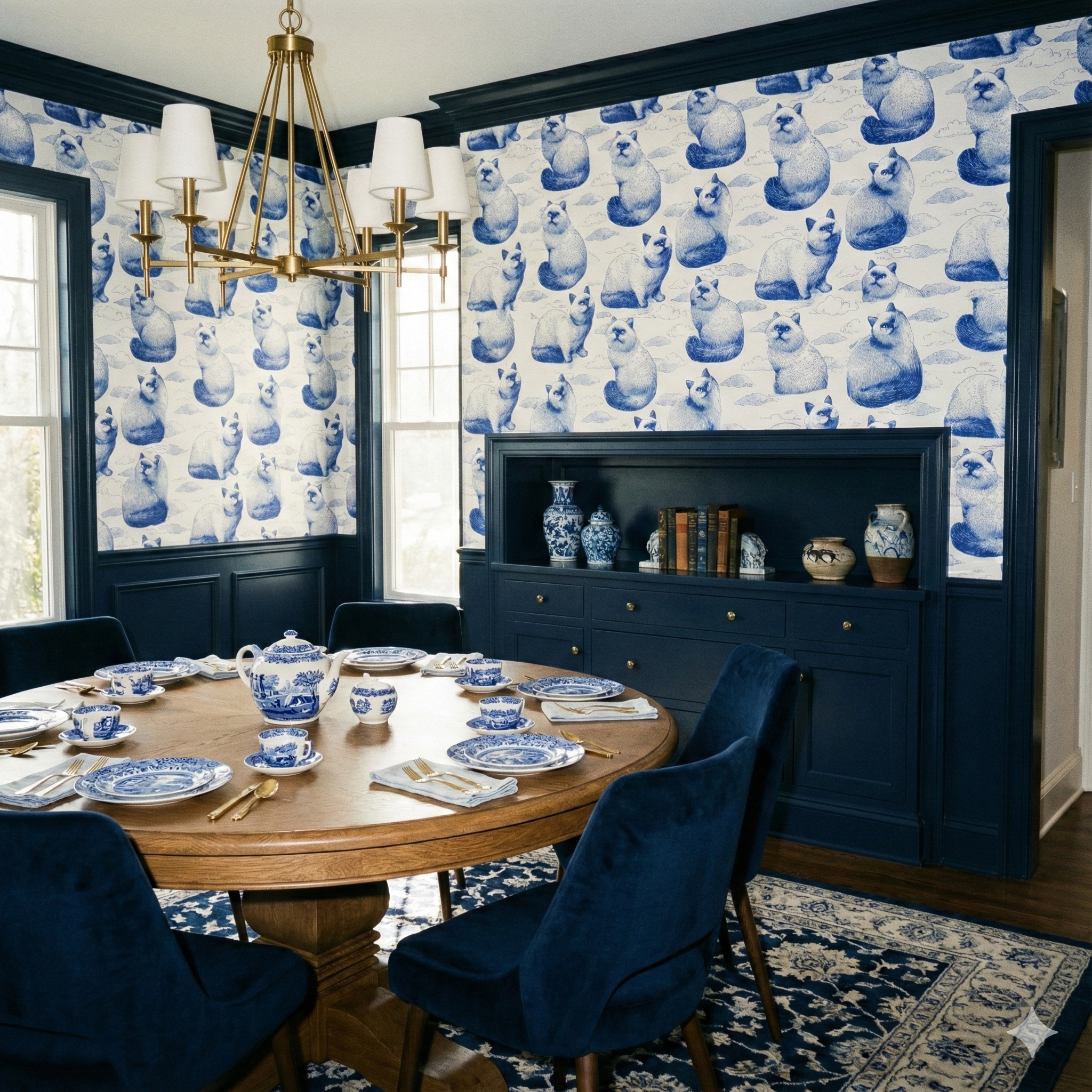 Cloudborne Persians Wallpaper with blue cat pattern, from York Wallcoverings, set in a blue paneled dining room.