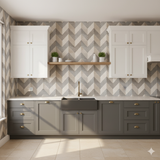 Meridian Weave wallpaper with gray and beige herringbone pattern, decorative kitchen setting.