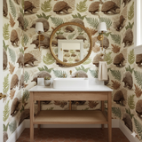 Bushland Quill Wallpaper with a pattern of echidnas and ferns, shown on a bathroom wall.

