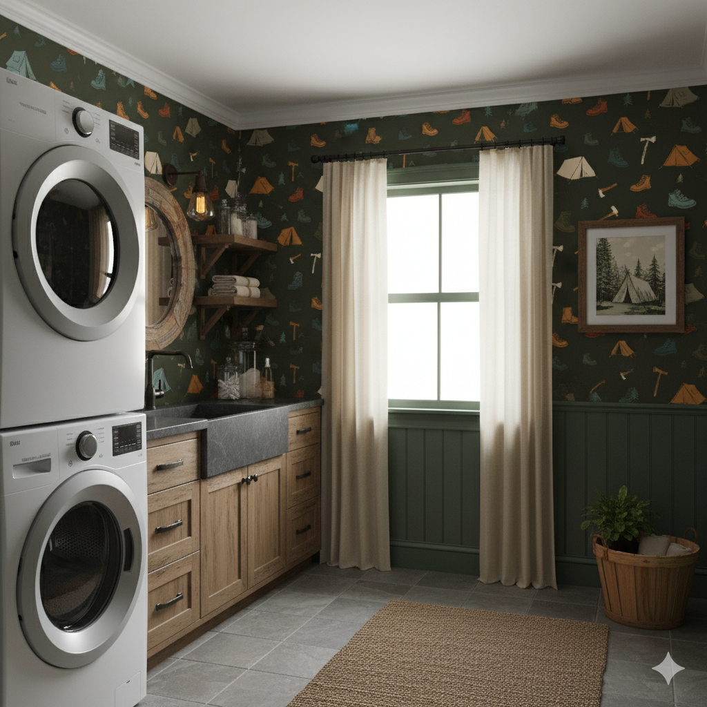 Outpost camp wallpaper featuring camping motifs on a dark green background.