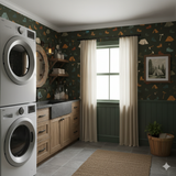 Outpost camp wallpaper featuring camping motifs on a dark green background.