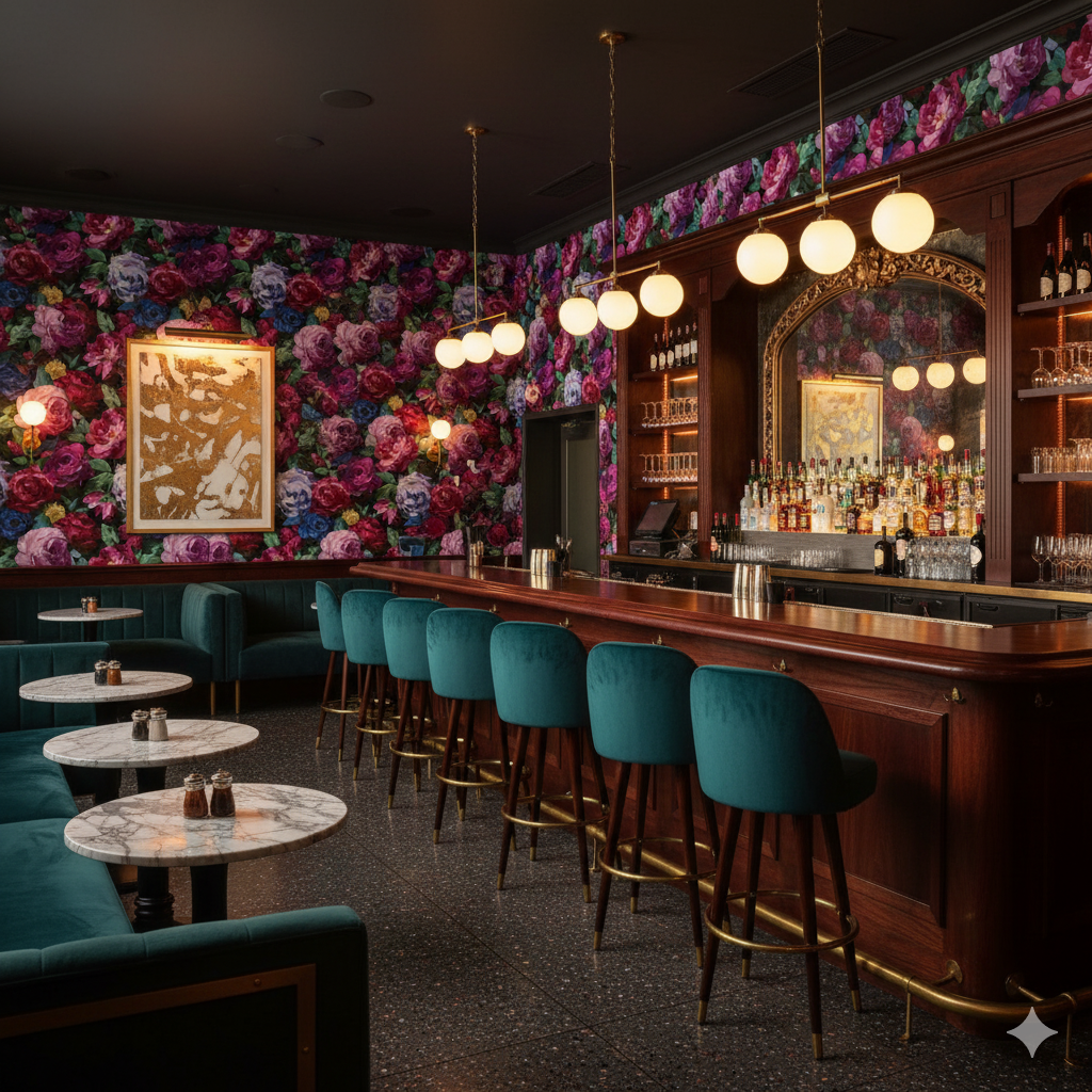 Floral wallpaper with peony pattern and vibrant hues, against dark trim and a bar area.