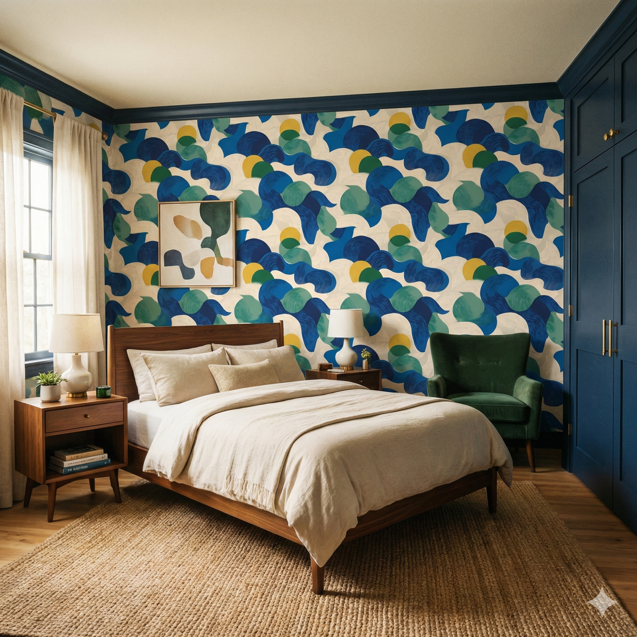 Blue and green Pacific Pulse Wallpaper with abstract shapes by York Wallcoverings, showcasing a modern bedroom setting.