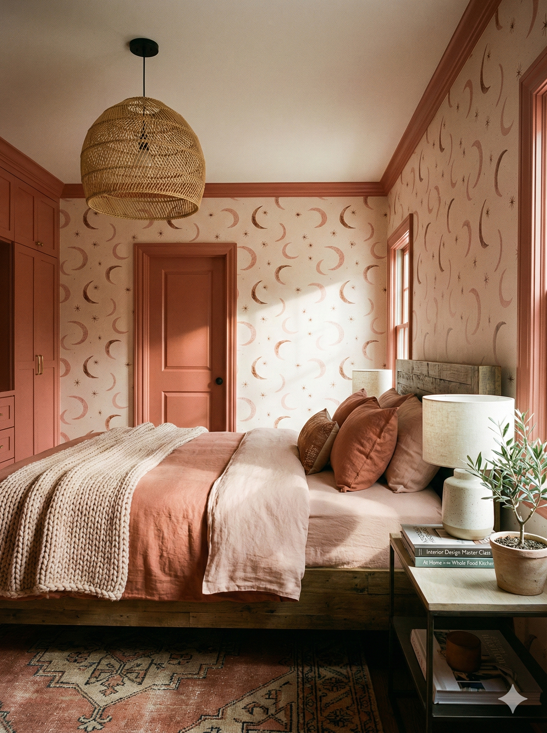 Peach wallpaper with moon and star pattern, paired with matching trim and built-in cabinets.
