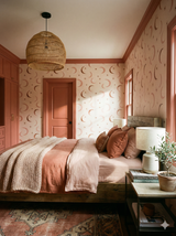 Peach wallpaper with moon and star pattern, paired with matching trim and built-in cabinets.
