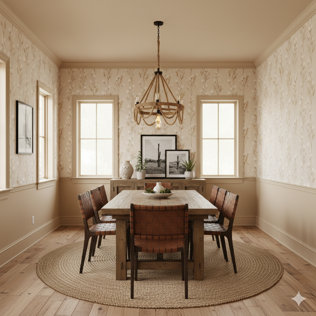 Willowmere wallpaper with a beige floral pattern, covering the walls in a dining room with a wooden table and chairs.
