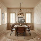 Willowmere wallpaper with a beige floral pattern, covering the walls in a dining room with a wooden table and chairs.
