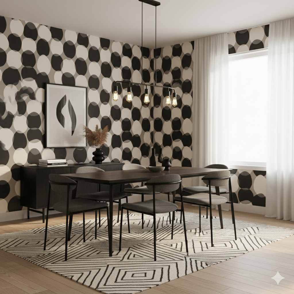 Canyon Circles wallpaper with black and white circles pattern, covering the walls.
