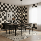 Canyon Circles wallpaper with black and white circles pattern, covering the walls.
