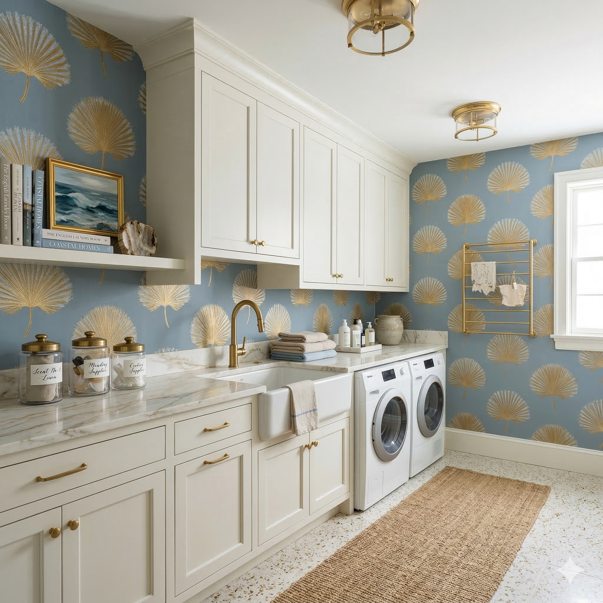 Gilded Fanfare wallpaper with a gold fan leaf pattern on blue backing.
