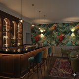 Patterned Crimson Chorus Wallpaper with green foliage and parrots, styled on a wall in an elegant bar setting.
