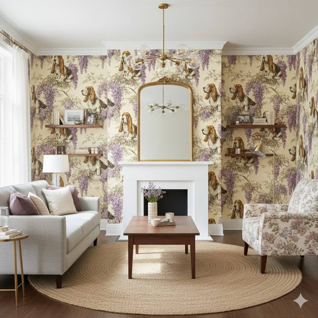 Lowcountry Wisteria wallpaper with a dog toile pattern, floral wisteria design, and a light neutral background.
