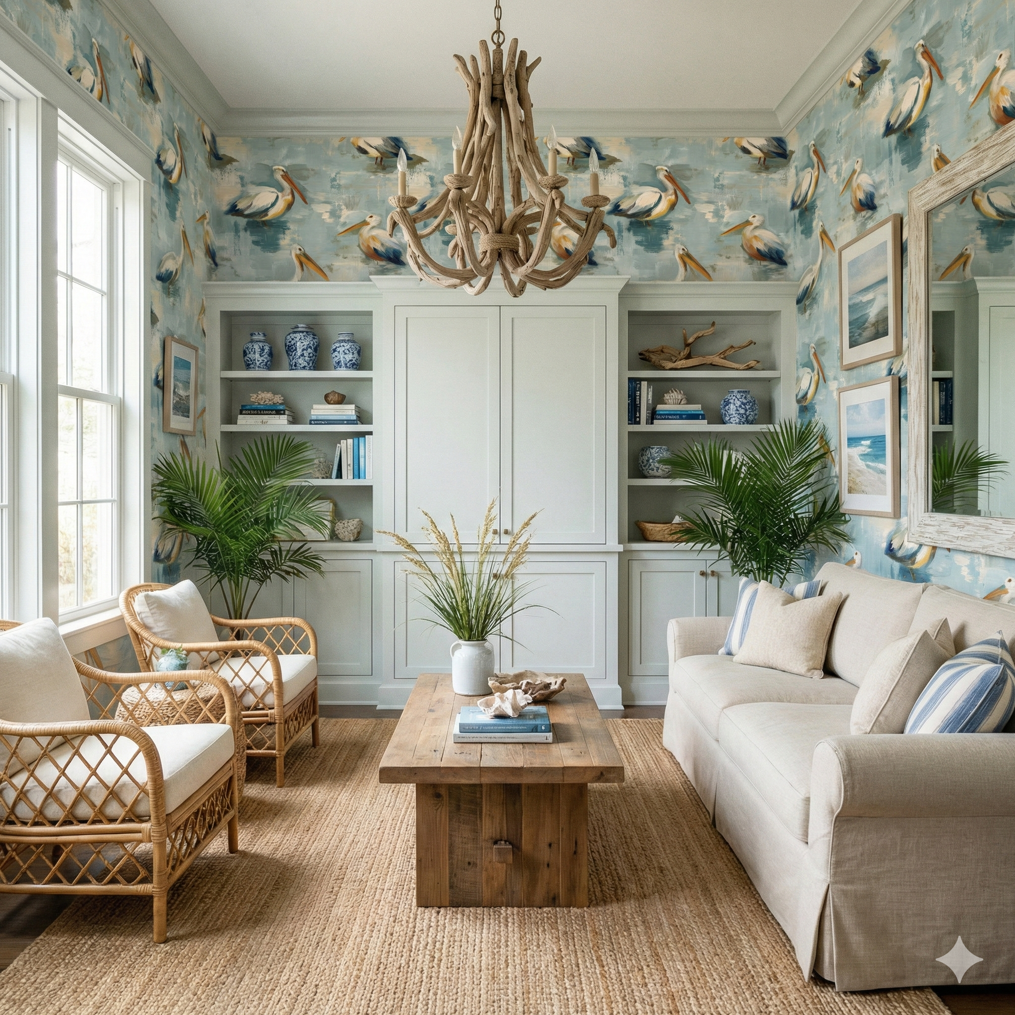Blue pelican print wallpaper with blue and tan accents.