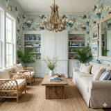 Blue pelican print wallpaper with blue and tan accents.