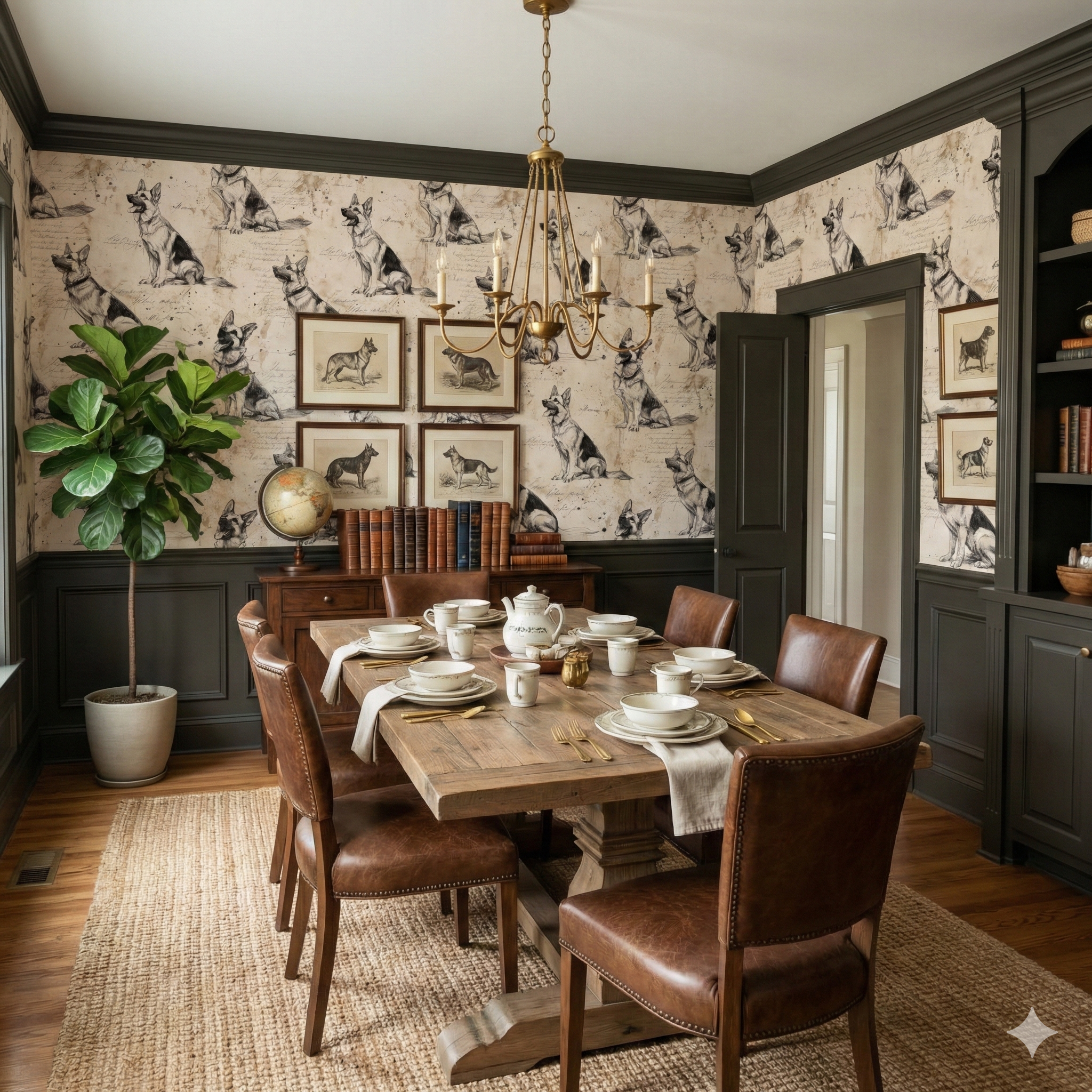 Calligrapher's Companion wallpaper with sketched dog pattern, covering the dining room walls.