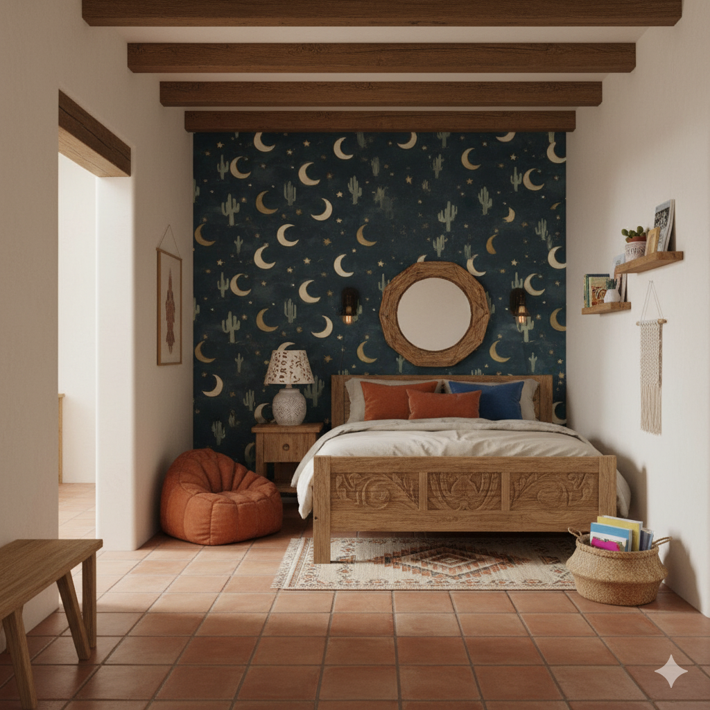 Desert Midnight Wallpaper with crescent moons and cacti, on a deep teal background.