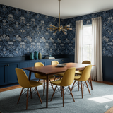 Indigo Regency wallpaper featuring a floral damask pattern in a dining room setting.