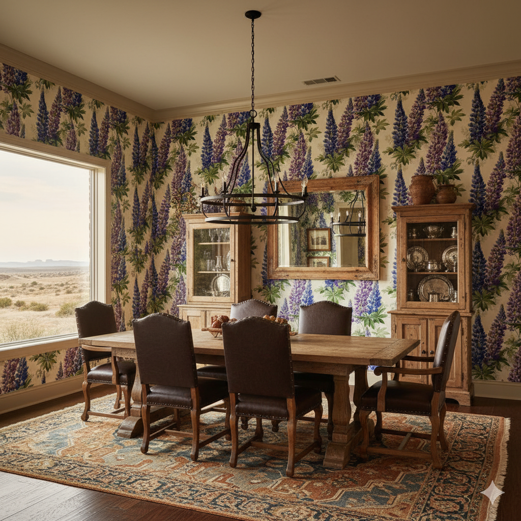 Lupine Reverie wallpaper with lupine floral pattern in shades of blue and green.
