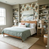 Novelty wallpaper featuring a golden retriever dog print by Sundrifter, covering a bedroom wall with built-in shelving.