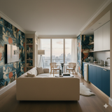Sunburnt Skyline Wallpaper with blue, orange, and palm tree patterns, decorating the walls of a living room.