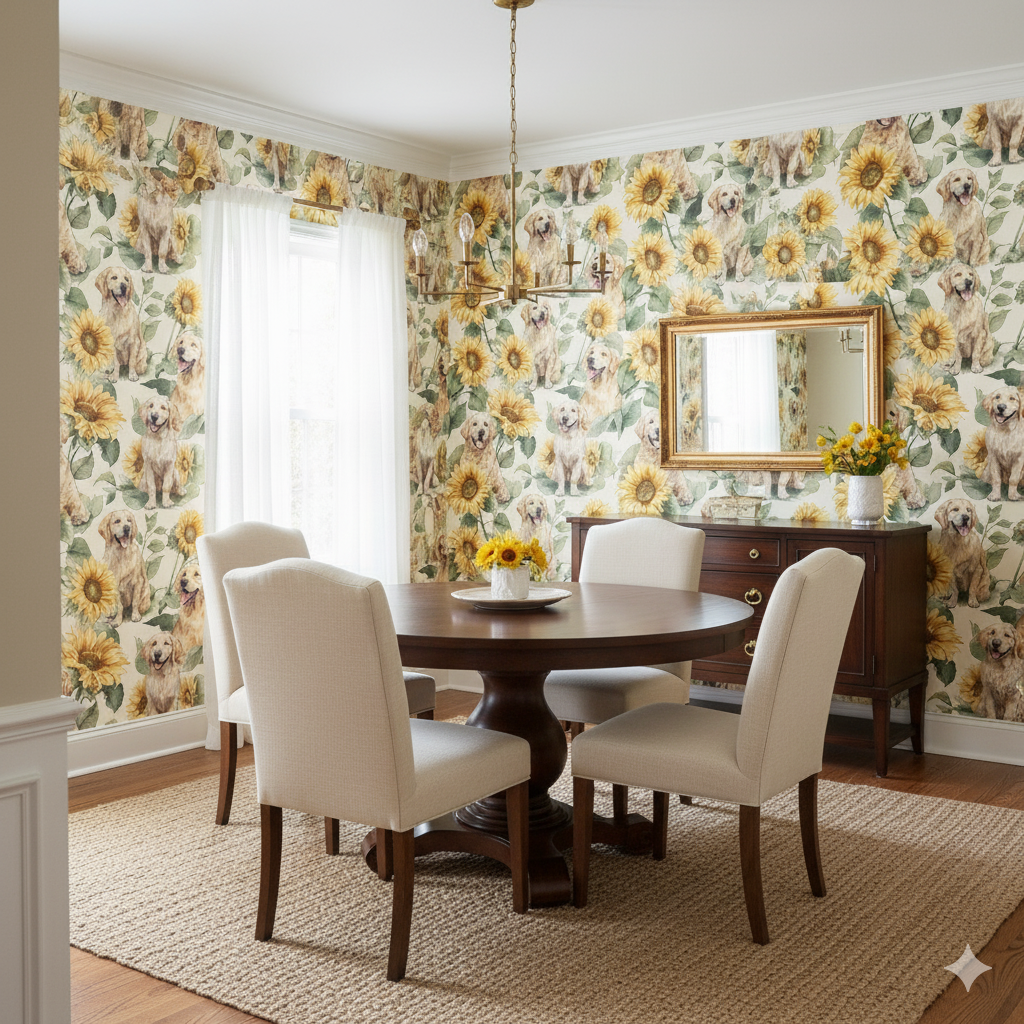 Sunflower Goldens wallpaper featuring a playful dog and sunflower pattern.