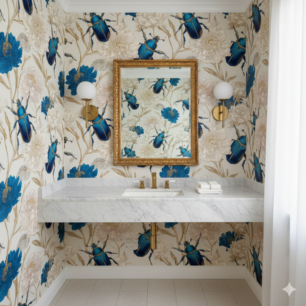 Cobalt Relic Wallpaper with a striking beetle and floral pattern.